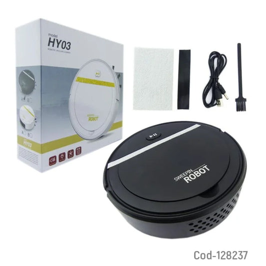 Robot aspirador HY03 color negro con accesorios y empaque.