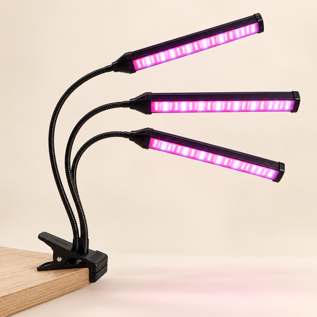 Vista de detalle de la lámpara LED para plantas (imagen generada con IA).